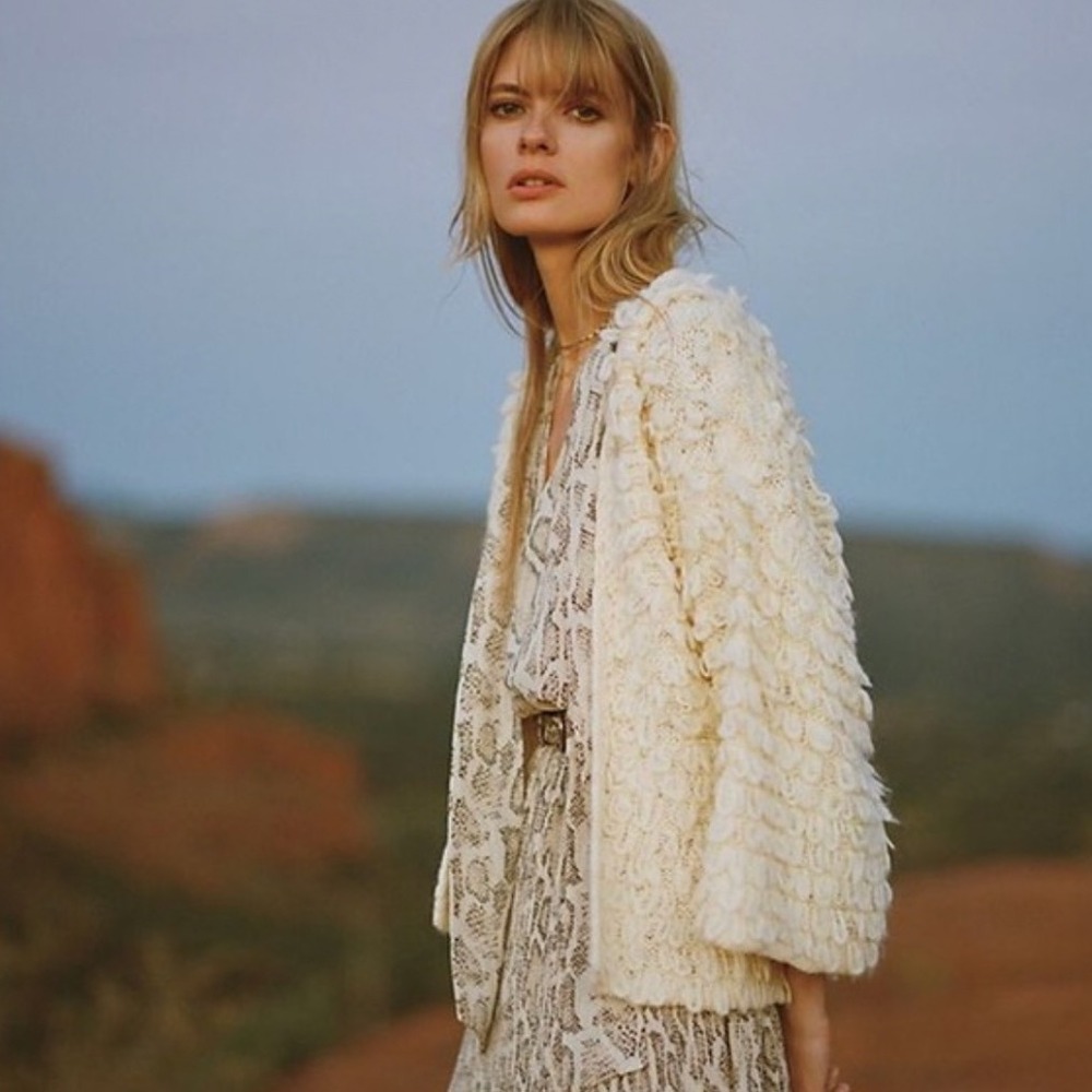 Anthropologie Lopped Knit Cream‎ Cardigan Sweater Wool Blend Size XL Fuzzy Boho